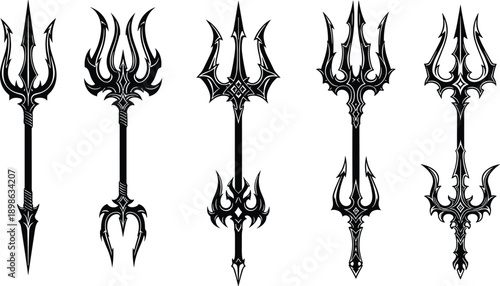 Black tribal trident weapon collection featuring ornate fantasy spear designs, sharp blades, and mythological symbols in detailed vector illustration isolated on white