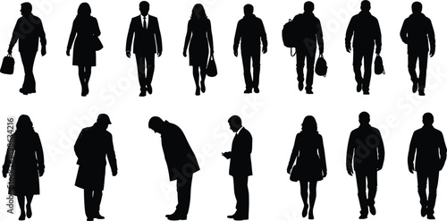 Vector illustration of urban silhouettes—symbols for walking posture, business attire, casual movement, accessory detail, human diversity, and professional presence