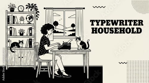 Vintage Typewriter Household Object Retro Black White Background Vector Illustration