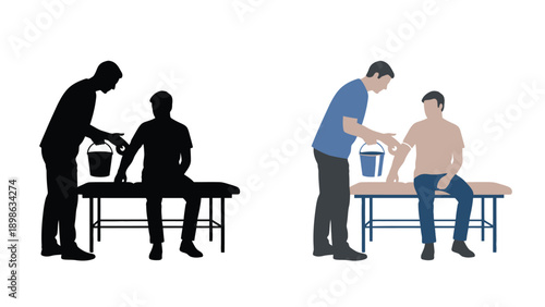 An illustration of a man washing another man's arm in a medical setting
