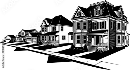 Suburban street illustration, black silhouette vector, residential house architecture design, porch garage bay window railing sidewalk shadows, neighborhood layout graphic elements