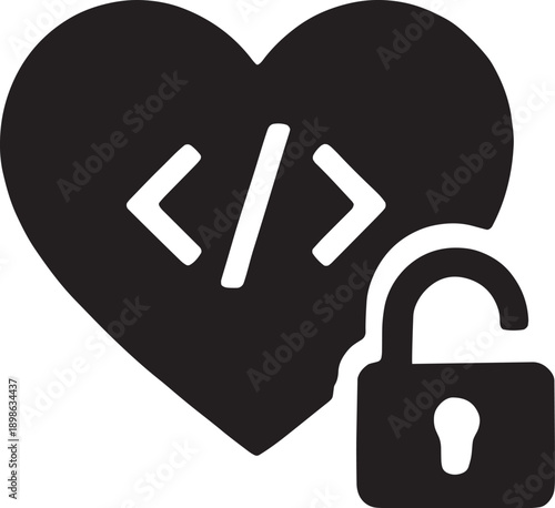 A heart shape containing code brackets and an unlocked padlock, representing open source software, community collaboration, and shared knowledge, bold vector style