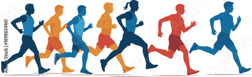 Diverse group of athletes in silhouette running together in a vibrant spectrum of colors representing motion and energy