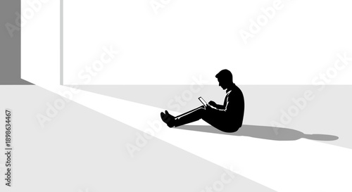 Digital Focus: Man Silhouette Using Tablet in Minimalist Spotlight. Technology, Concentration, Isolation, Black and White Vector Illustration.