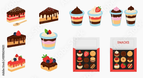 Assortment of delicious desserts, cakes, cupcakes, and pastries, presented in an appealing manner, ideal for culinary or confectionery themes