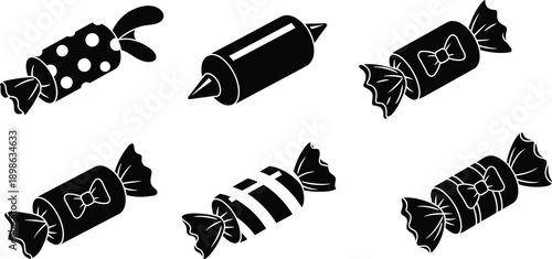 Candy and sweet silhouette illustration set featuring wrapped chocolates, toffees, and confectionery treats, playful dessert icons in bold black vector style isolated on white background