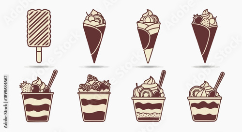 Whimsical vector illustration set of delightful dessert options like frozen treats, rich crepes, and elegant parfaits for sweet menu designs