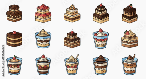 A delightful assortment of delicious gourmet layered cakes and sweet desserts, showcasing a variety of chocolate, strawberry, and cream-filled treats, perfect for indulgence