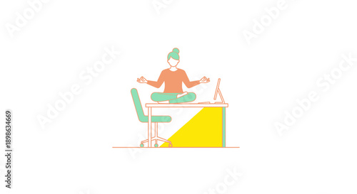 Woman Meditating on Office Desk: Finding Zen, Balance, and Focus at Work. Corporate Wellness, Stress Management, and Mindfulness Vector Illustration.