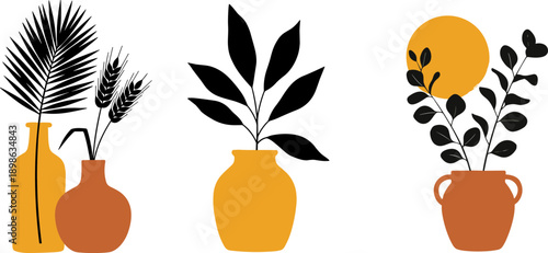 Modern botanical vase illustration, black and white sketch, minimalist plant decor, stylized foliage art, flat design composition, contemporary nature arrangement