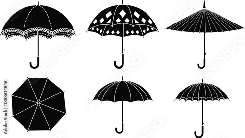Black umbrella silhouette illustration set featuring classic, decorative, and top view umbrellas, rain protection symbols in elegant vector design isolated on white background