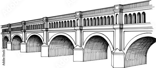 Multi-arched classical bridge illustration, black and white sketch, architectural engineering drawing, symmetrical design, robust piers, historical structure, colonnade architecture, textured line art