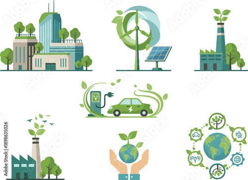 Modern eco city illustration set featuring sustainable buildings, electric car charging station, wind turbines, solar panels, and green factory.