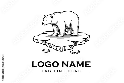 A black and white line drawing of a polar bear standing on a melting ice floe with a logo name and tagline on a plain white background.