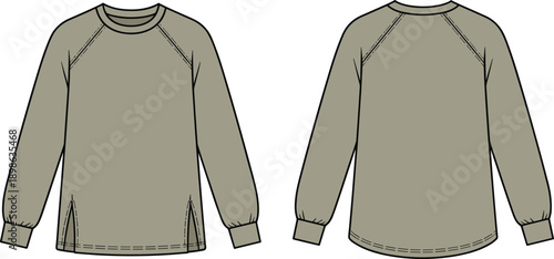 Flat fashion of a muted green long-sleeved crew neck sweatshirt with raglan sleeves and side slit hem detail front and back views