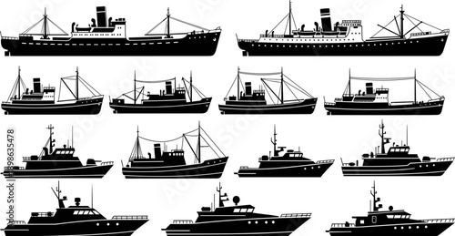 Ship silhouette icon set, black vector illustrations, cargo passenger fishing motor yacht vessels, maritime transportation symbols, naval architecture design elements, boat graphic collection