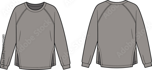 Flat fashion of a grey long-sleeved crew neck sweatshirt with raglan sleeves and side slit hem details shown front and back views