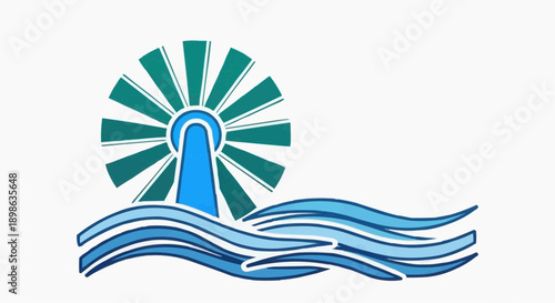 Abstract representation of a water wheel powering flowing water, symbolizing renewable energy and sustainable practices