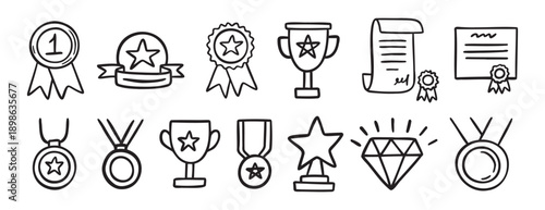 medal honor award related doodle hand drawn icon set. Outline drawing winner line clipart symbol collection
