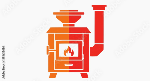A graphic representation of a wood-burning stove with a fire visible inside, featuring a chimney and hopper, rendered in warm orange and red hues