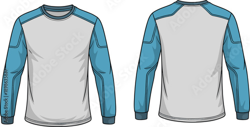 Front and back view of a light gray long-sleeved raglan t-shirt with contrasting blue sleeves and neckline detail