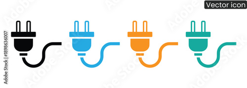 Set of modern electric plug icons in black, blue, orange, and green colors for tech and energy concepts