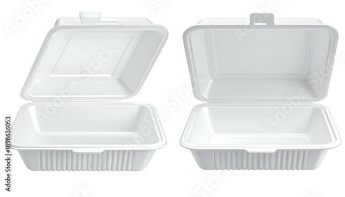 Two open white containers with a hinged lid, ready to hold food, shown from a perspective