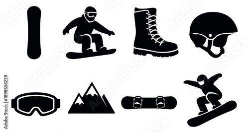 Silhouette snowboarding icons set featuring snowboards, snowboarders, boot, helmet, goggles, and a mountain for winter sports design