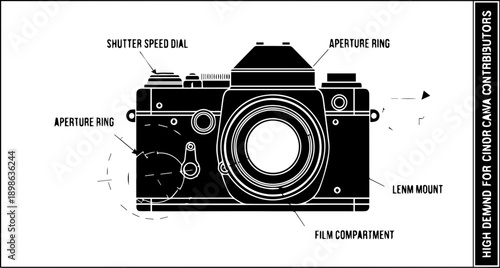 Vintage film camera technical diagram with labeled parts, retro SLR camera anatomy illustration