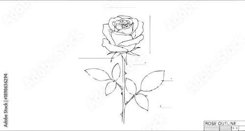 Detailed Rose Outline Blueprint with Stem, Leaves, and Technical Labels for Petal Curvature and Stem Length