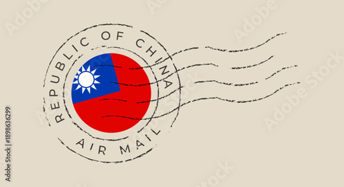 Vintage air mail postmark vector featuring the Republic of China Taiwan flag, a grunge cancellation stamp for travel.