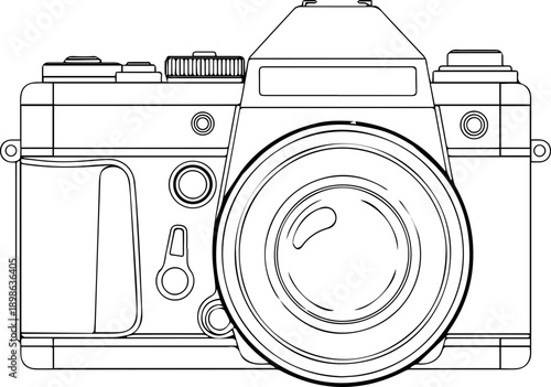 Technical Line Art Drawing of a Vintage SLR Film Camera Body on a Plain White Background