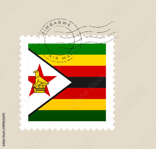 Zimbabwe flag postage stamp with a vintage postmark cancellation for international mail and travel-themed vector designs.