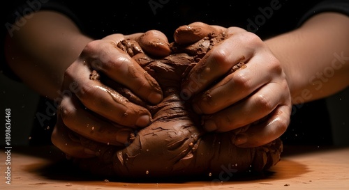 Hands carefully shaping a lump of dark brown clay on a wooden surface in a studio setting.