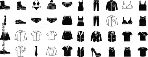 Clothing icon set, black silhouette style, fashion items, footwear, tops, bottoms, undergarments, outerwear, accessories, retail design, wardrobe elements