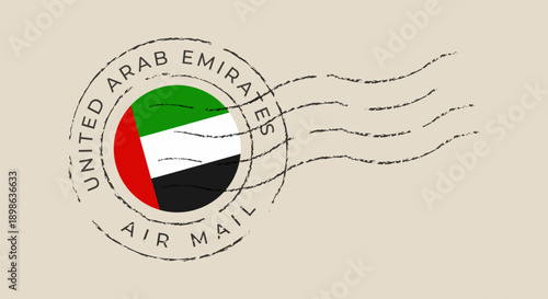 United Arab Emirates postage stamp featuring the national flag in a circular air mail postmark with a distressed grunge texture.