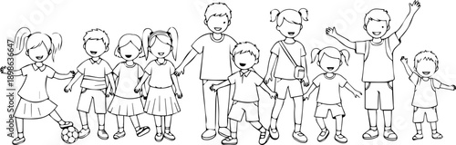 Group of Diverse Children Standing in a Row Line Art for Coloring Book or Educational Content