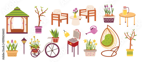 Spring garden furniture and outdoor decor set. Patio chairs, table, hanging chair, bicycle, plants, watering can, barbecue grill. Vector illustration isolated on white background.