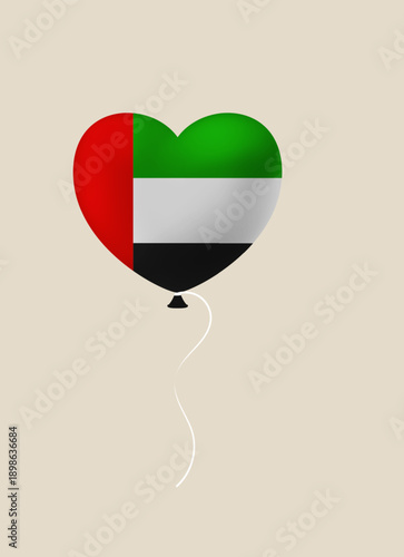 UAE flag heart-shaped balloon floating on a neutral background, a vector symbol for National Day expressing patriotic love.