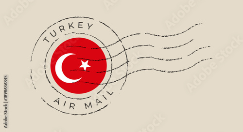 Grunge Turkish flag postage stamp with a retro air mail postmark, a vector illustration for international travel correspondence.