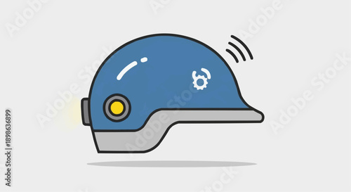 Blue hard hat with a yellow light and antenna emitting radio waves, representing safety and communication in industrial settings