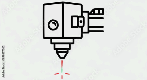Vector icon of a modern laser machine head projecting a precise red beam, symbolizing advanced digital fabrication, engraving, and cutting technology in industrial design
