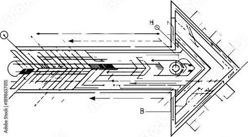Abstract futuristic arrow technical diagram with complex lines, symbols, and data visualization elements on transparent background