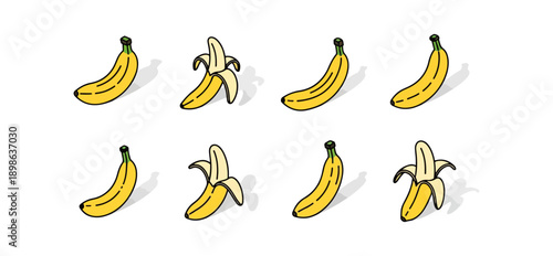 Illustrated banana sequence showing peel and fruit isolated