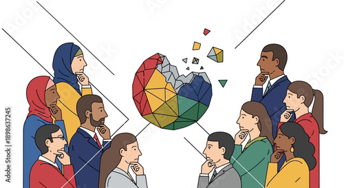 Diverse Business Team Analyzing Broken Data Sphere. Global Strategy, Crisis Management, and Collaborative Problem Solving Illustration.