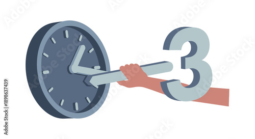 Hand Pulling Clock Hour Hand Connected to Large Number Three | Time Management, Deadline, 3 Hour Countdown Concept Illustration