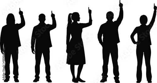Vector illustration of pointing silhouettes—symbols for unity, awareness, gesture emphasis, collective action, upward focus, teamwork, and expressive body language