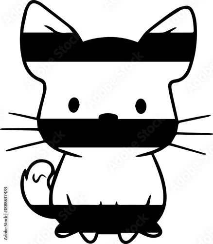Cute Kawaii Cat Illustration with Retro Rainbow Horizontal Stripes and Minimalist Design