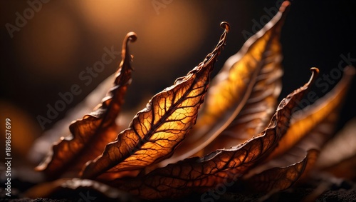 Dried autumn leaves arranged artistically, showcasing intricate textures and warm golden hues. Nature's beauty in decay.