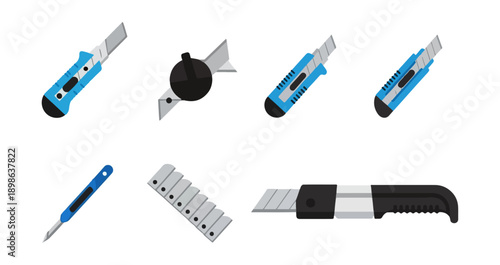 Set of utility knives in various designs isolated on black
